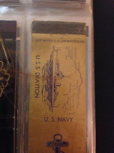 Some of the 174 WWII manufactured Navy ship matchbook covers represented in the album.